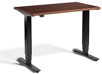 Electric standing desk with walnut top and black frame