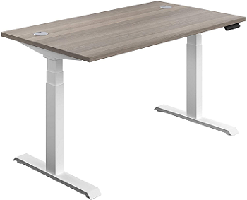 Electric standing desk with grey oak top and white frame