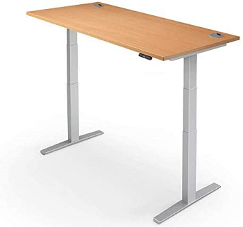 Electric standing desk with beech top and silver frame