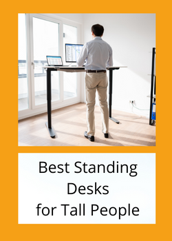 Back view of a man working at a standing desk with text reading "Best Standing Desks for Tall People"