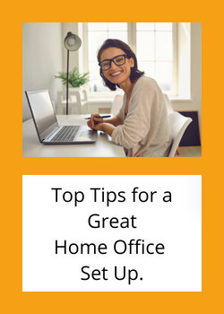 Woman sits smiling at her desk above text reading "Top Tips for a Great Home Office Set Up"